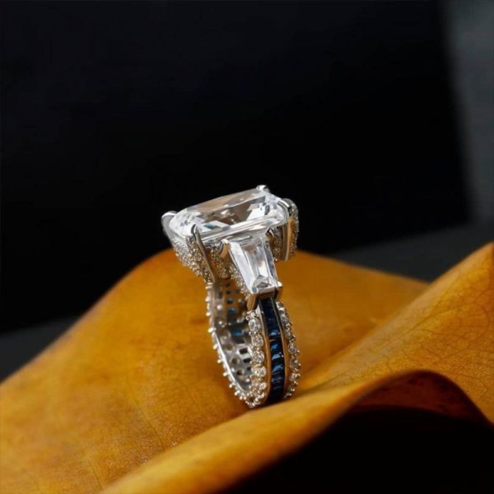 Italo Radiant Cut Unique Engagement Ring Eternity Ring 925 Sterling Silver - Picture 5 of 13